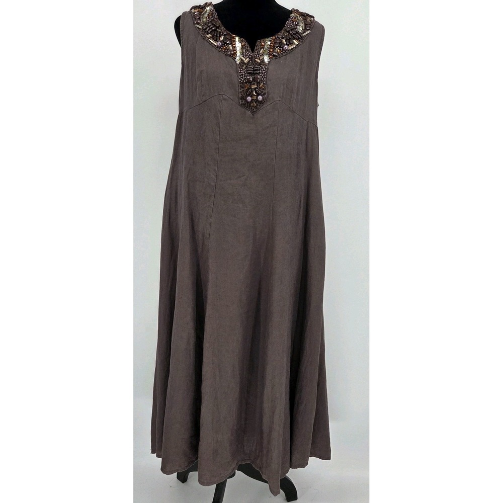 Beaded 100% Linen Maxi Dress 16 Brown Chelsea Design